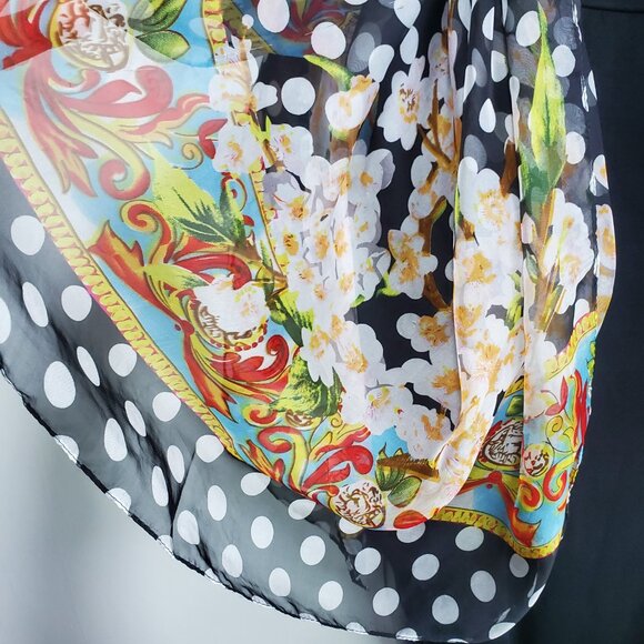 VINTAGE 100% Silk Polka Dot Floral Scarf Shawl Wrap Sheer Retro Pin-Up 72" x 35" - Picture 6 of 11